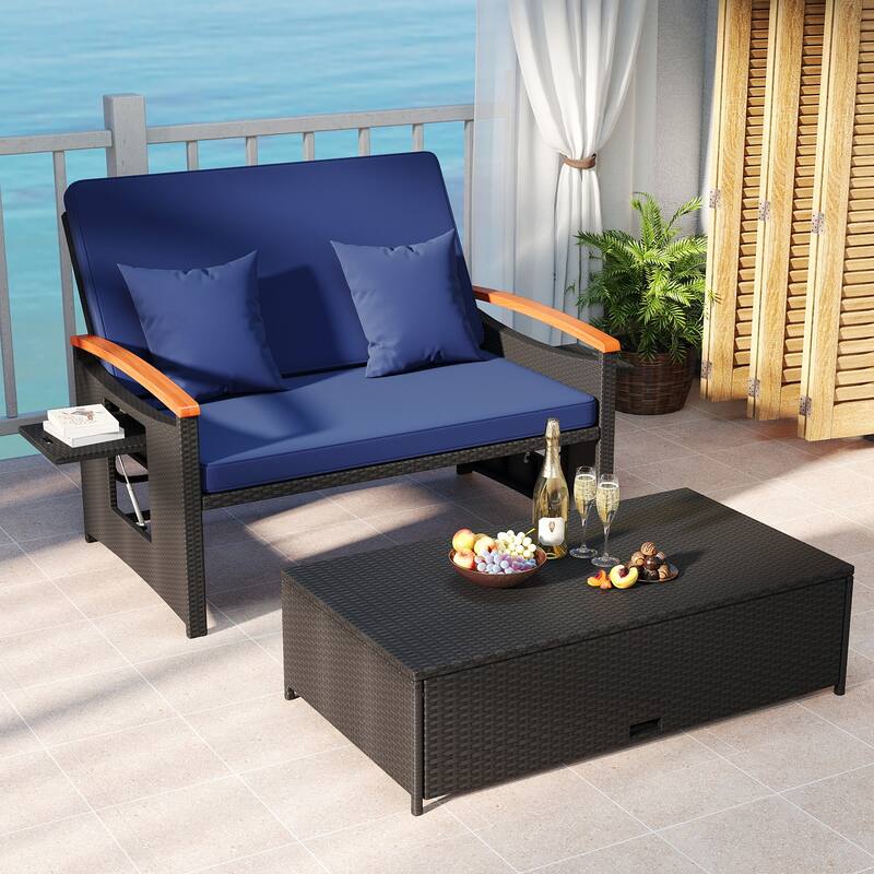 Gymax Patio Rattan Daybed Set w/Cushioned Loveseat & Storage Ottoman
