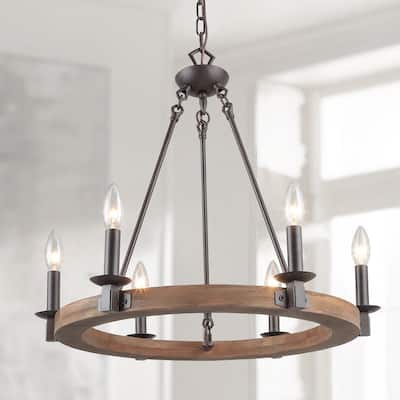 The Gray Barn Farmhouse 6-Light Wagon Wheel Wood Chandelier for Dining Room