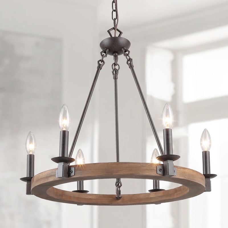 The Gray Barn Farmhouse 6-Light Wagon Wheel Wood Chandelier for Dining Room
