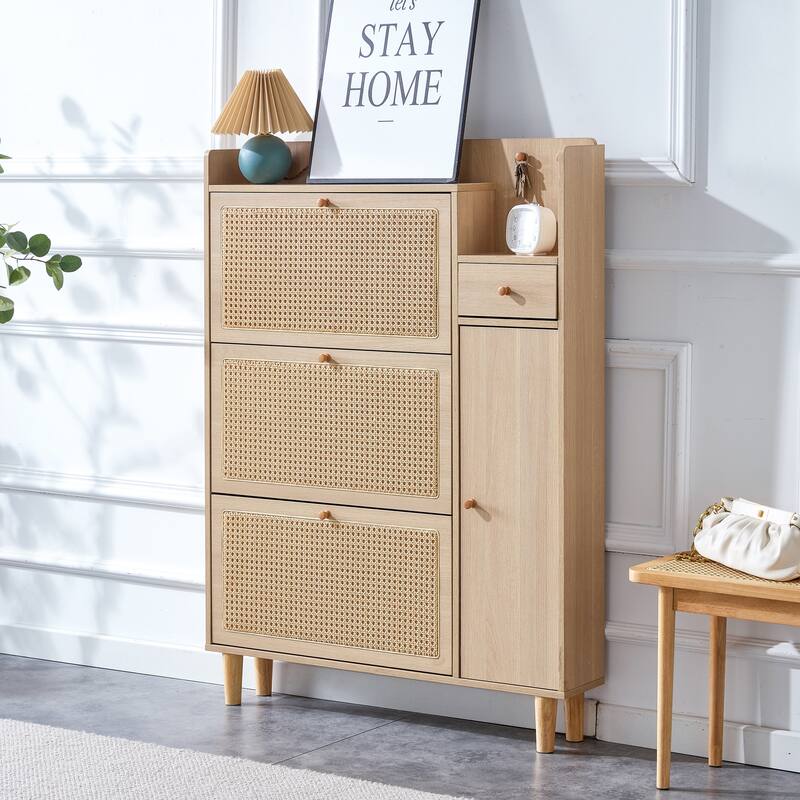 Minimalist MDF Shoe Cabinet with Japanese Rattan Design for Hallways or Living Room Storage Solutions