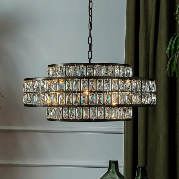 slide 2 of 17, AloaDecor Modern Crystal Chandelier Matte Black Finish Tiered Drum Pendant Light for Small Spaces Dining Room Entryway W28''