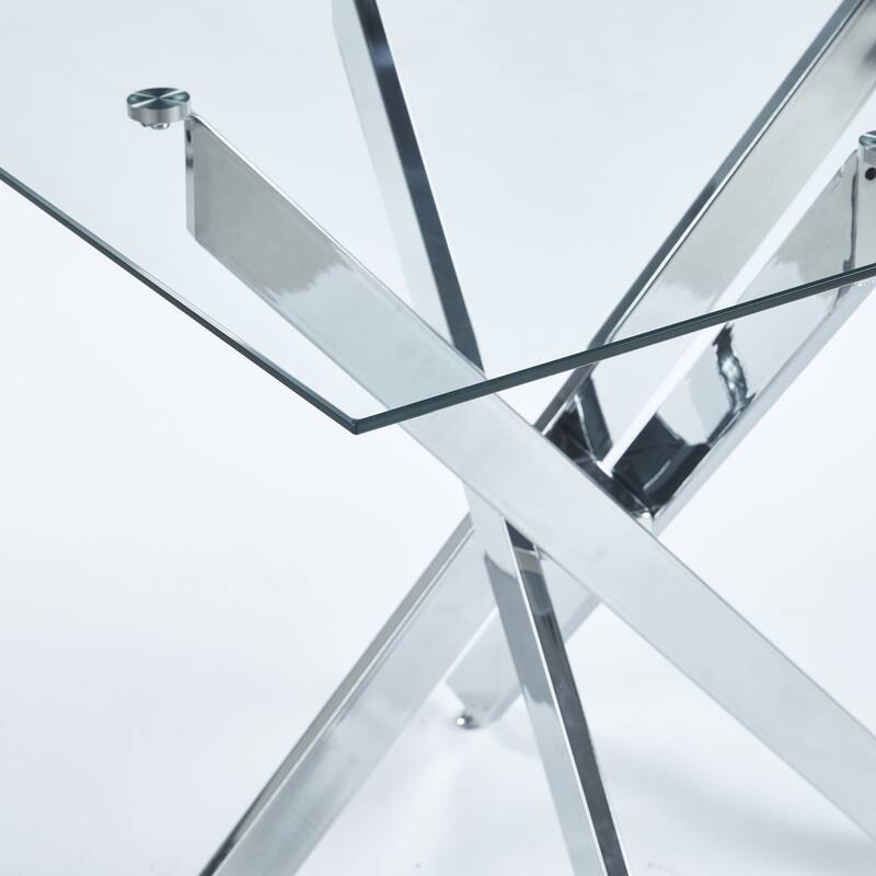 Modern Square Dining Table with Tempered Glass Top & Cross Metal Legs, Space-Saving for Kitchen and Living Room