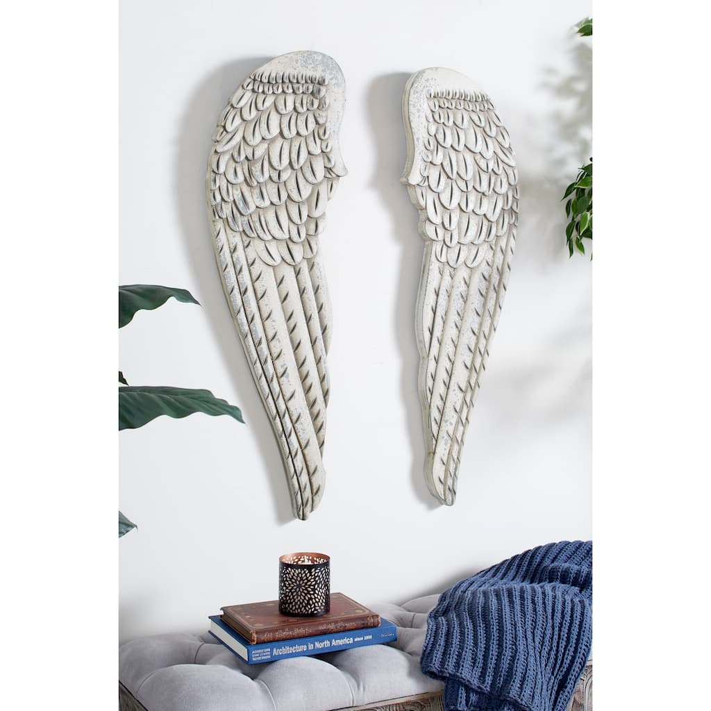 White Wooden Carved Wings Bird Home Wall Decor (Set of 2)