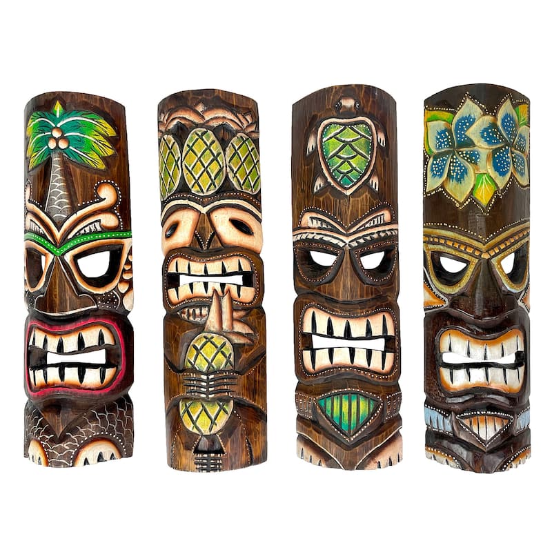 Set Of 4 Hand-Carved 20" Tiki Wall Masks Tropical Hawaiian Decor