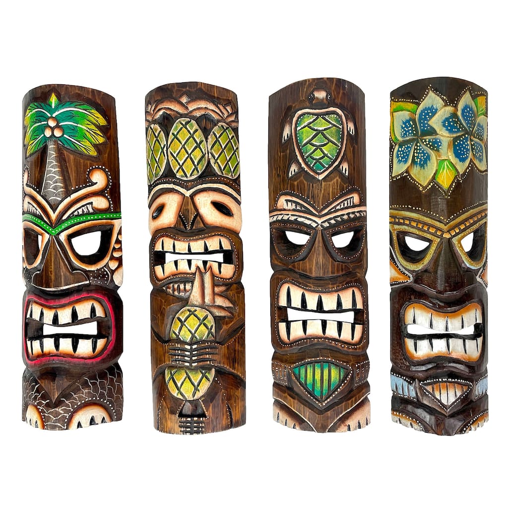 Set Of 4 Hand-Carved 20" Tiki Wall Masks Tropical Hawaiian Decor