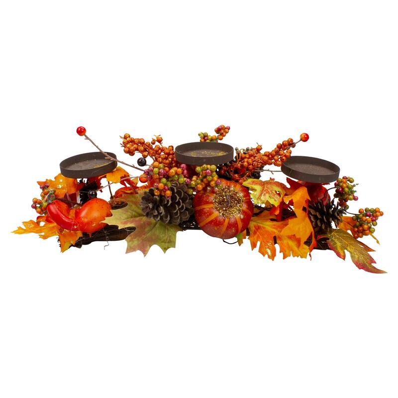 21" Orange Fall Harvest Leaves and Pumpkins Candle Holder