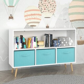 Toy Cabinet Organizer,Kids Bookcase with 3 Fabric Drawers,White+Blue