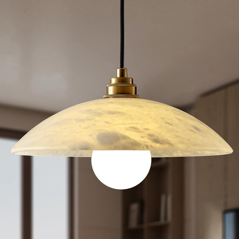 KAYLA Nordic Pendant Light Fixture - Round Alabaster Hanging Lamp with Brushed Brass Finish for Kitchen Island, Dining Room - 11.8in - Gold