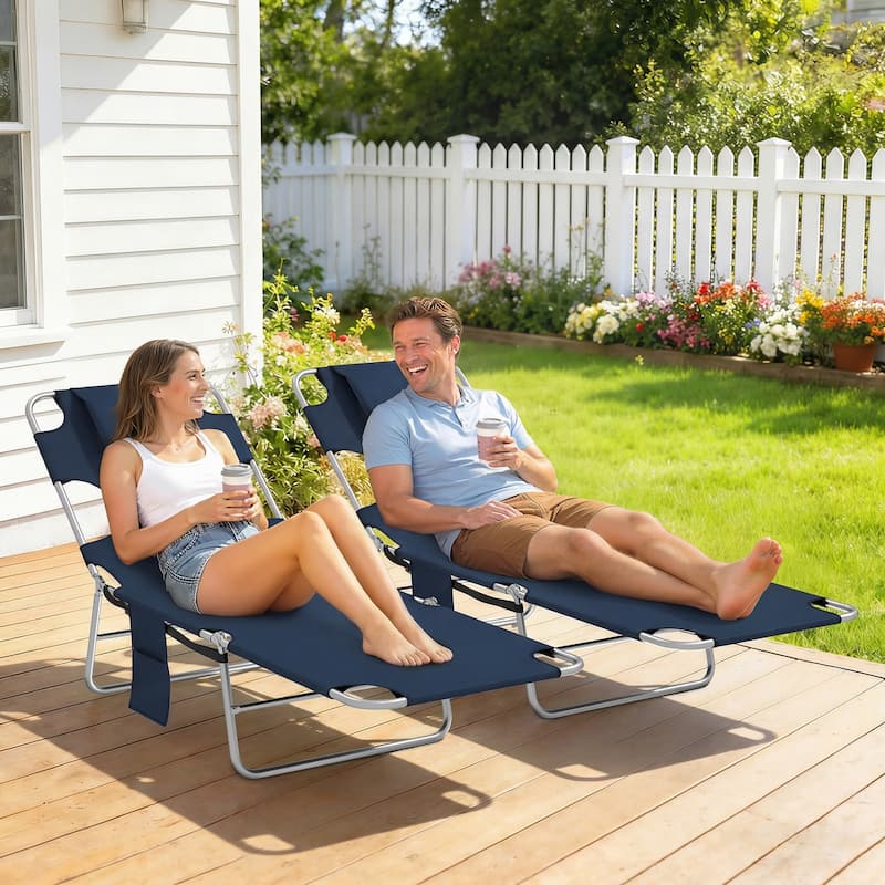 Outsunny Chaise Lounge Chair Outdoor Set of 2 with Face Arm Hole, 5-Position Reclining Face Down Tanning Chair with Carry Strap - Dark Blue