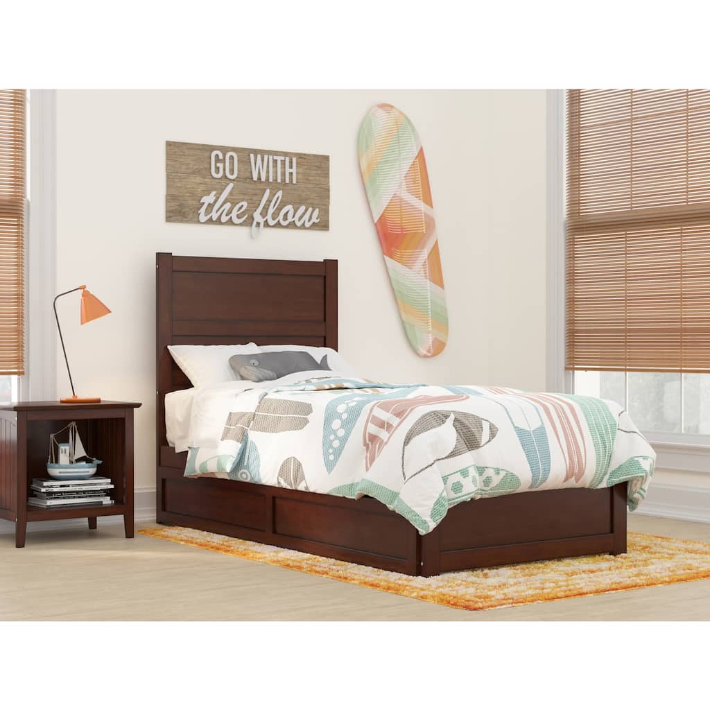 Twin Bed With Trundle - Modern Platform Bed Frame - Walnut Finish - Space Saving Design