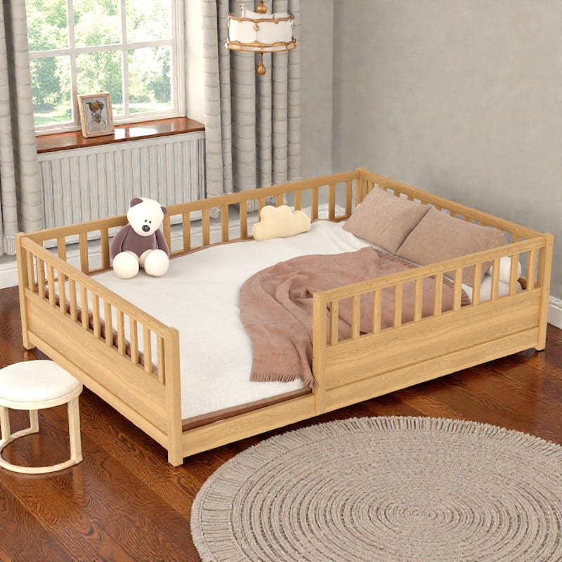 Montessori Wooden Floor Bed with High Safety Fence and Door, Pine Kids Floor Bed Frame for Boys and Girls