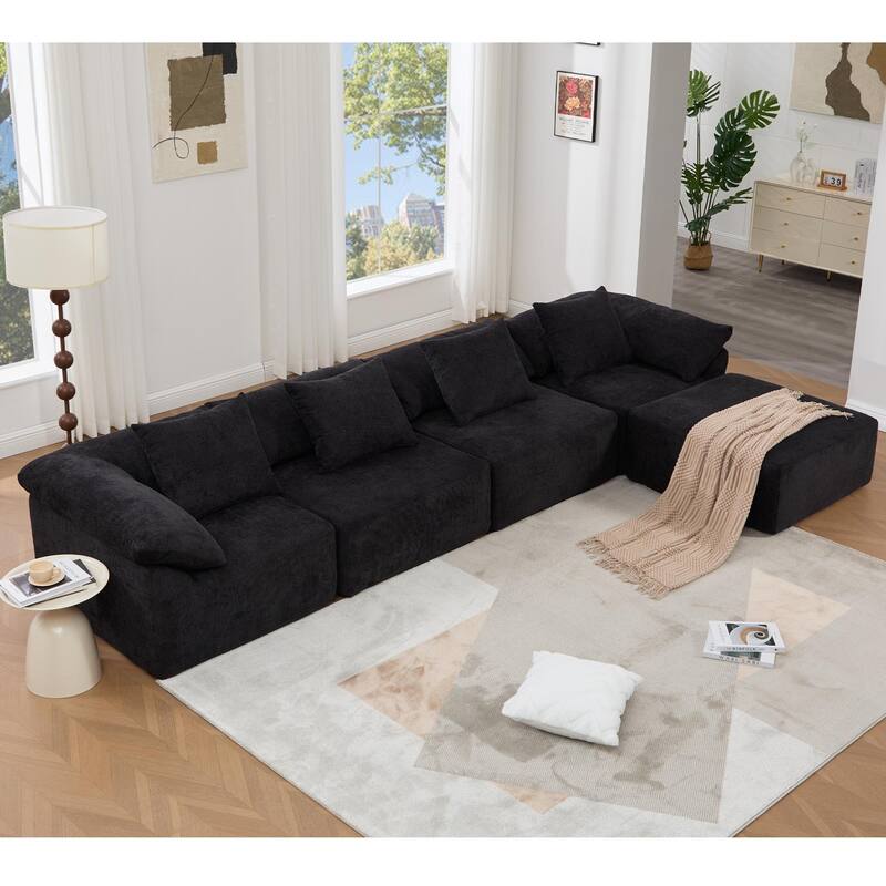 142" Chenille L-Shaped Modular Sofa with Sleeper & Ottoman