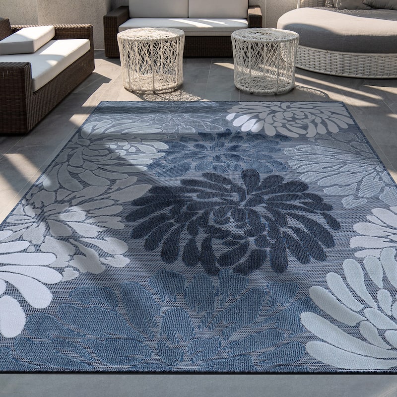 VILLADECOR Floral Indoor Outdoor Area Rug Low High Pile Rugs For Patio - 2'2" x 7' - Navy / Blue
