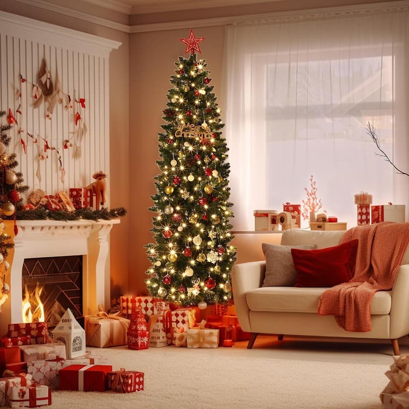 Prelit Pencil Artificial Christmas Tree, Xmas Decoration for Home Party - N/A