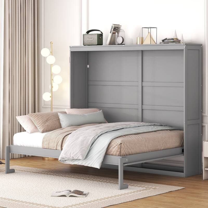 Space-Saving Queen Size Wall Bed with Flexible Slats, Gray - Gray