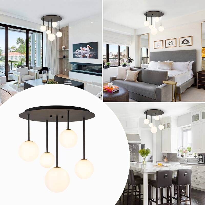 5 Light Branch Semi-Flush Mount Lighting with Milky White Glass Globes