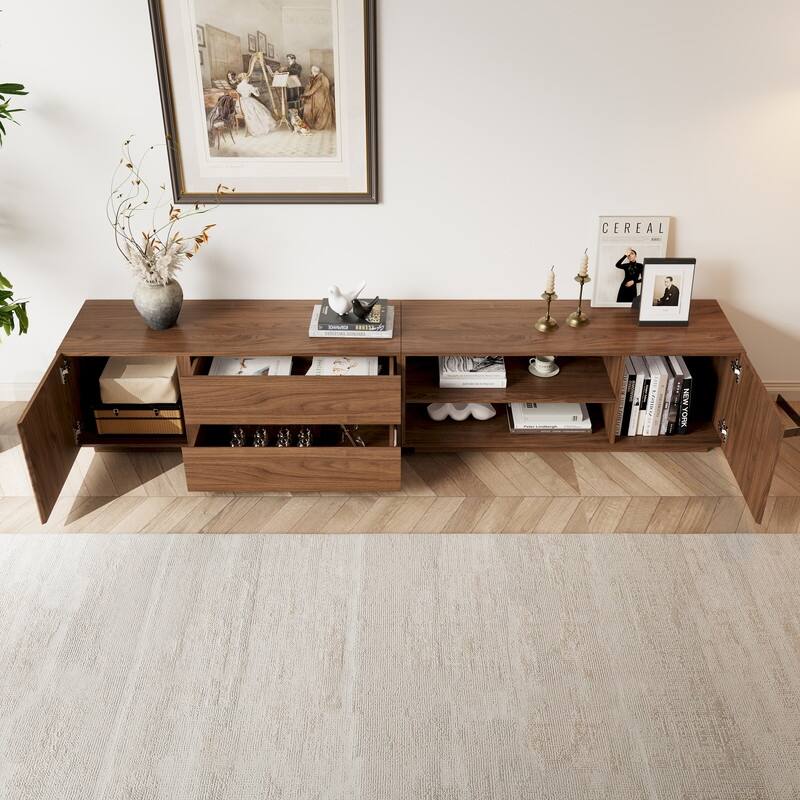 94.7" Modern Mid-Century Brown Wood TV Stand with Storage - Convertible Flat/Stackable Media Console for Living Room