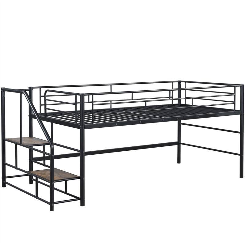 Twin Size Mid Loft Bed with Storage Stairs, Heavy Duty Metal Loft Bed Frame with Guardrails, Kids Playhouse Bed with Slats