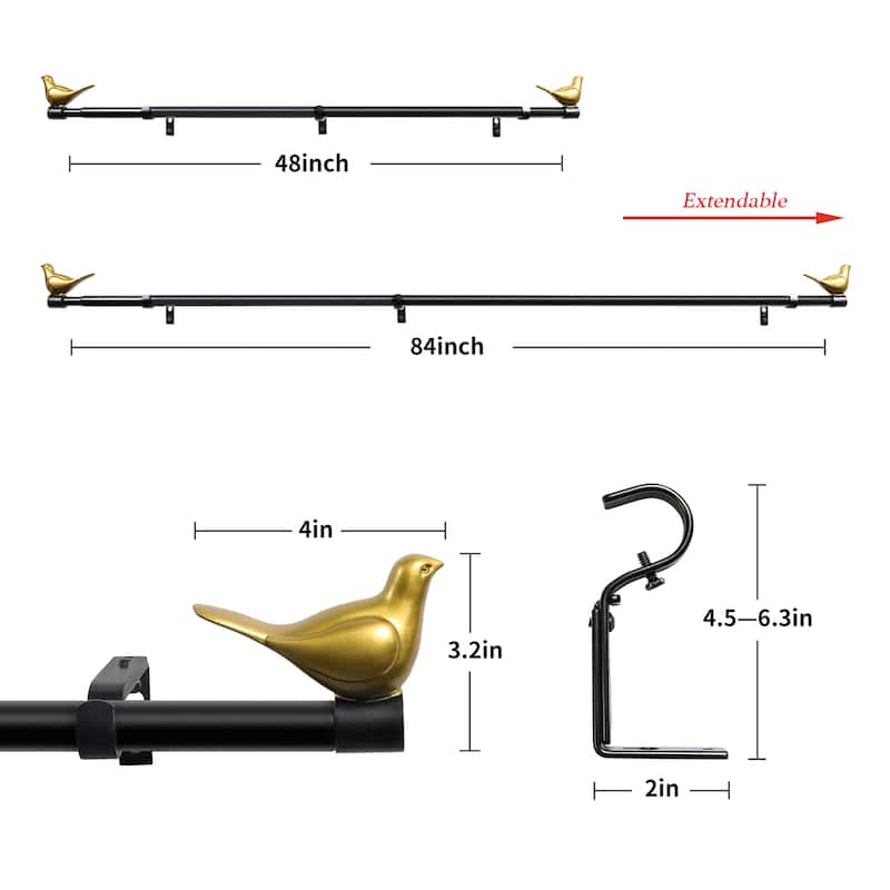 MERIVILLE 3/4" Diameter Farmhouse Single Window Curtain Rod, Bird Finials