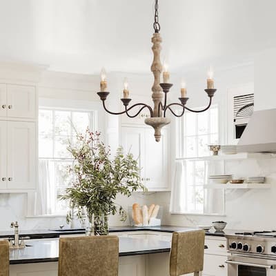 Farmhouse French Country 5-Light Wood Chandelier Hanging Light - D 23"* H 24.5 "