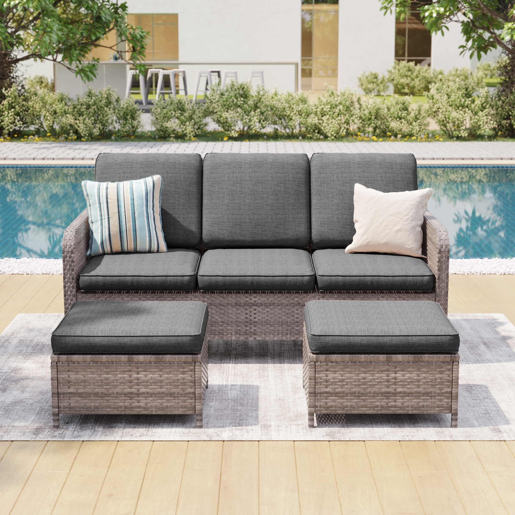 Bonosuki 3 Pieces Outdoor Patio Furniture Sets, Rattan Sofa with Ottoman Wicker Set for Backyard Porch, Garden, Poolside