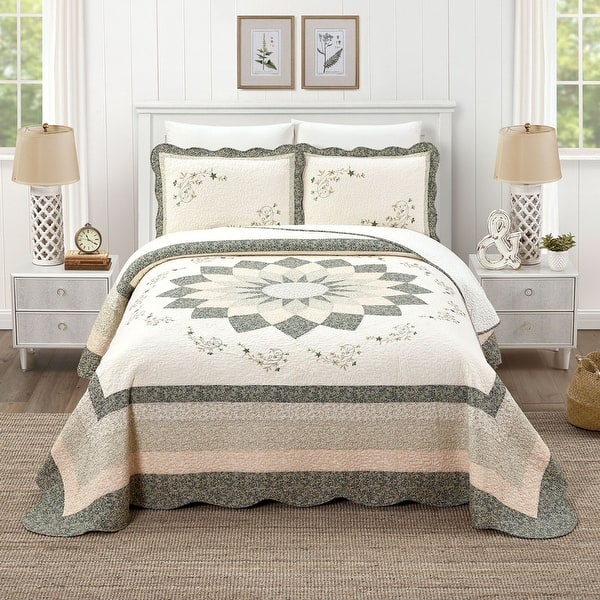 slide 2 of 5, Harper Green Floral Embroidered Pieced Bedspread (shams sold separately) King