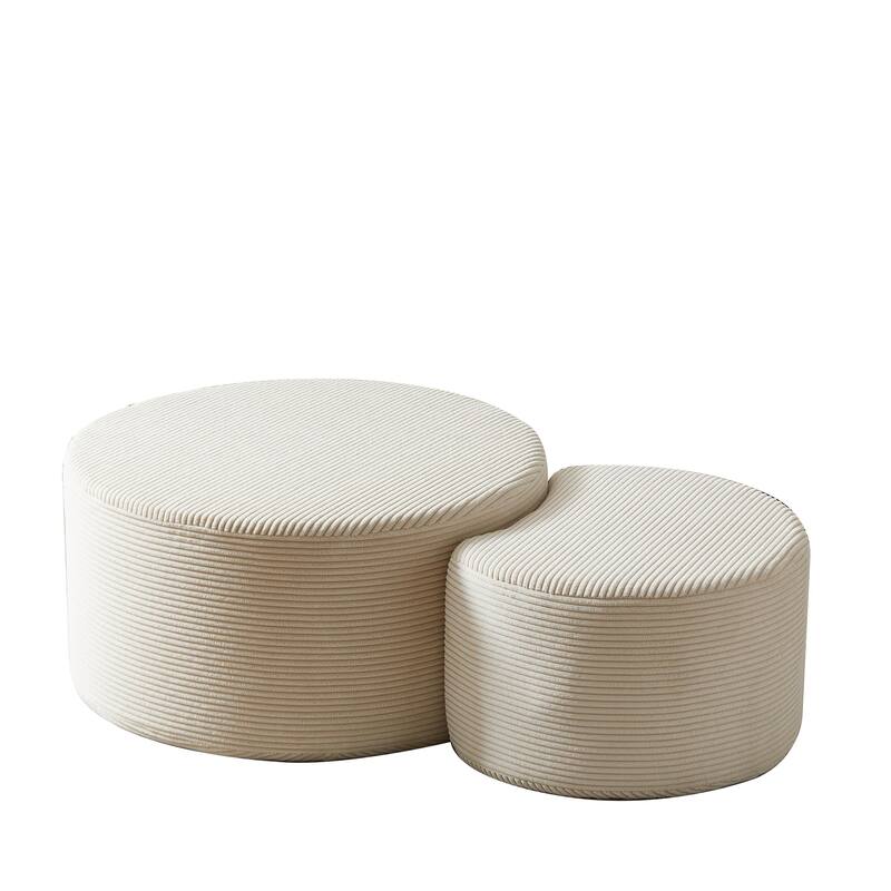 Nesting Tables Set of 2, Corduroy Upholstered Round Coffee Table and Crescent Moon Side Table Set of 2, End Tables Ottomans