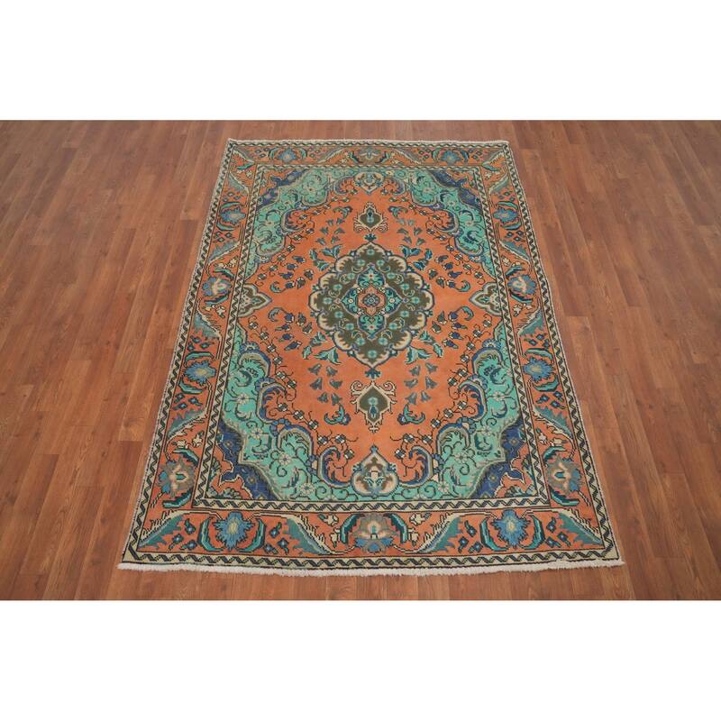 Hand Knotted Oriental 100% Wool Carpet Traditional Floral Oranges & Rust Tabriz Area Rug - 6' 3'' X 4' 5''