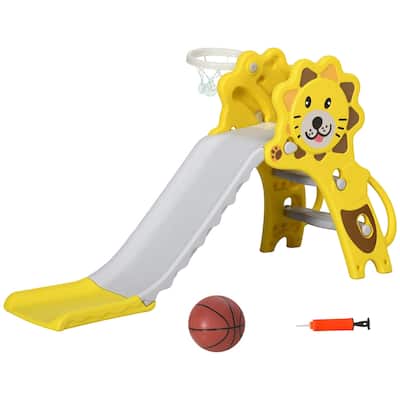 Yellow Grey PE 3-in-1 Kids Slide with Climber and Basketball Hoop - 51.5" L x 19.75" W x 29.25" H