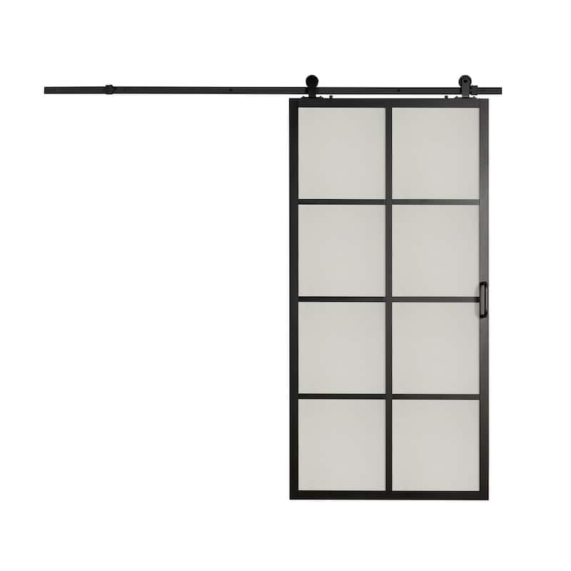 Pinecroft French Glass Barn Door Kit with Black Frame and Frosted Glass 42" x 84"