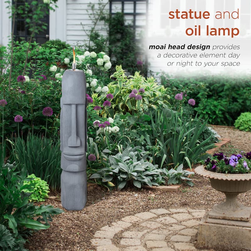 Alpine Corporation 41" Tall Indoor/Outdoor Cement Moai Head Statue with Oil Torch Lamp