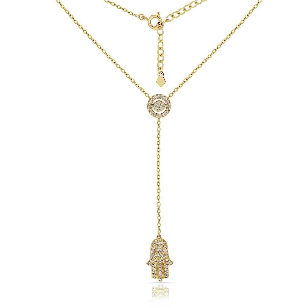 Curata Solid 14K Gold 18-inch Cubic Zirconia Evil Eye and Hamsa Lariat Necklace (yellow or white)