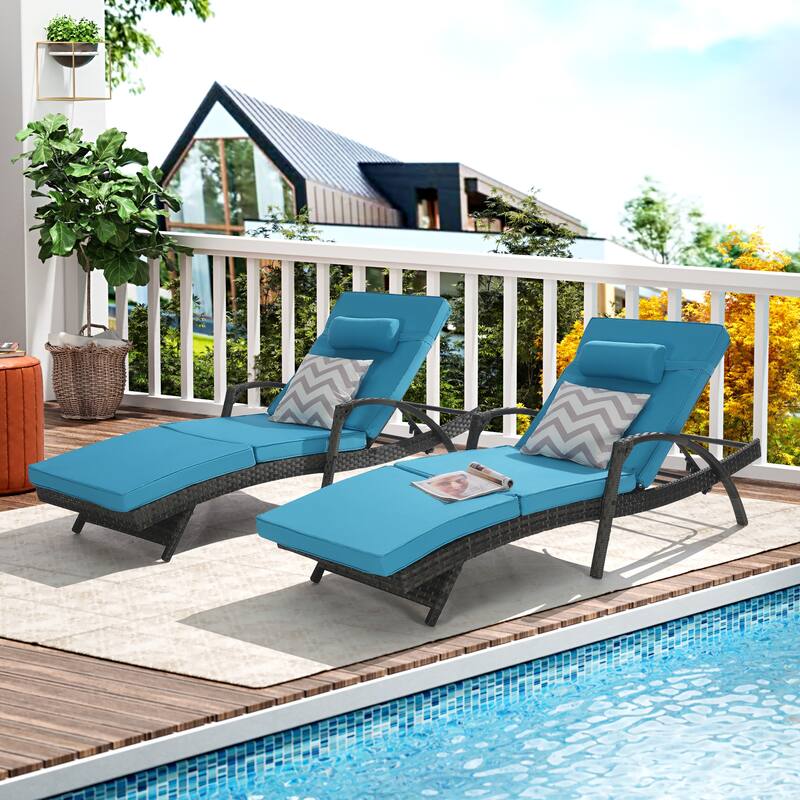 Outdoor Wicker Long Reclining Chair Set of 2, Wicker Reclining Lounge Chair Lawn Sunbathing Chairs for Beach Poolside Garden