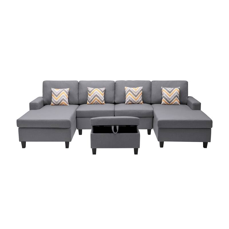 Linen Fabric 5 Piece Double Chaise Sectional Sofa with Interchangeable Legs and Storage Ottoman