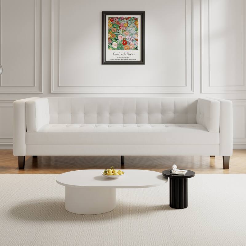 Ivory 89.75" Velvet 3-seater Button Tufted Sofa with Wood Legs and Kiln-Dried Hardwood Frame for Living Room - Ivory