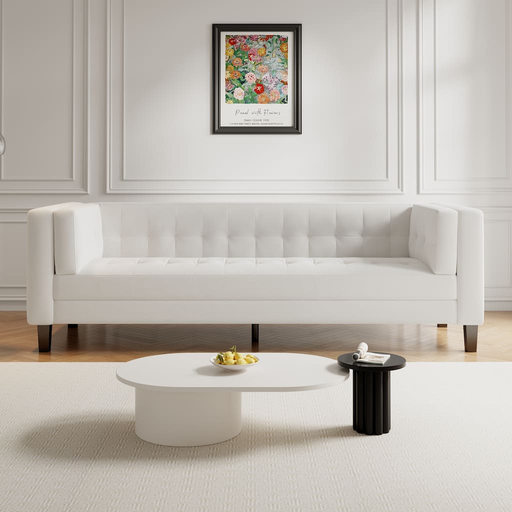 Ivory 89.75" Velvet 3-seater Button Tufted Sofa with Wood Legs and Kiln-Dried Hardwood Frame for Living Room