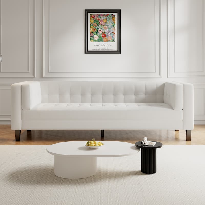 Velvet Button Tufted 3-seater Sofa with Hardwood Frame - Ivory
