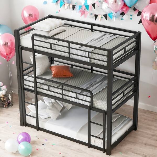 slide 2 of 20, Twin Size Metal Triple Bunk Bed,Space Saving,No Box Spring Required,Easy Assembly,2 Color Black