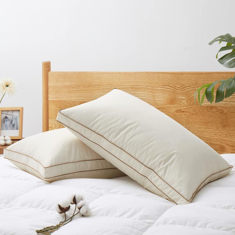 100% Organic Cotton Down Feather 4-Layer Gusseted Bed Pillow Set of 2 - White