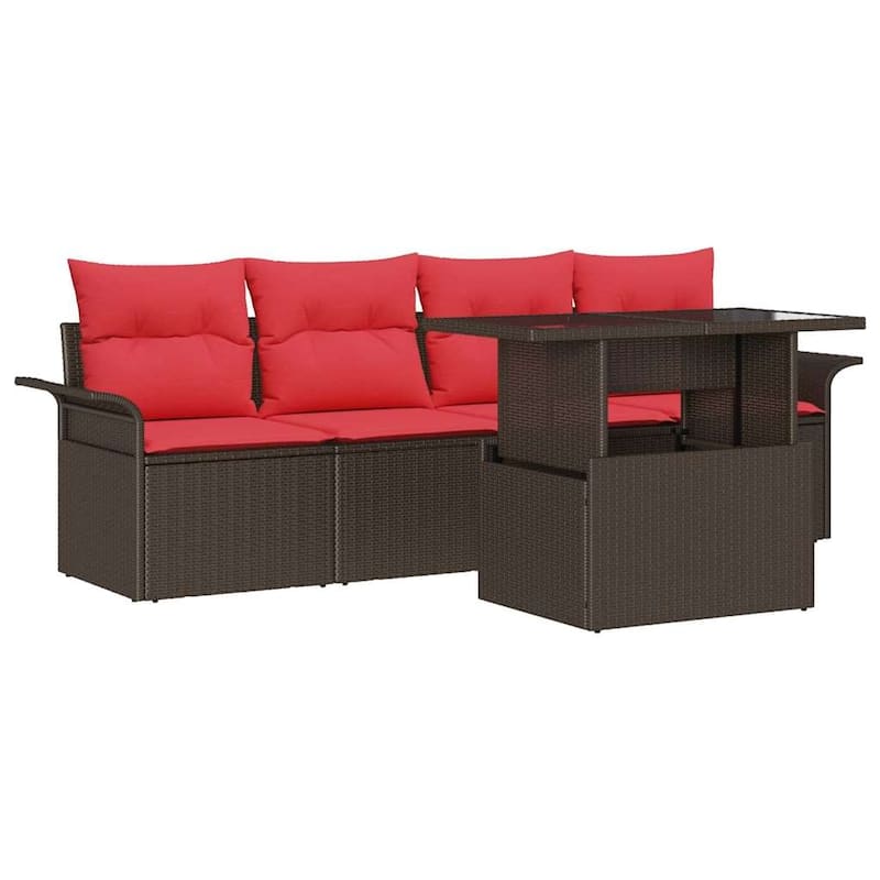 vidaXL 5 Garden Sofa Set with Cushions Black/Brown/Grey Poly Rattan - 98.8 x 24.4 x 27.2