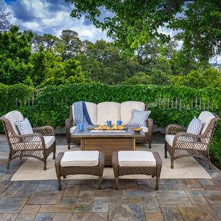 Rio Vista Sandstone Outdoor Wicker Patio Set with Fire Table and Side Table (7-Piece)