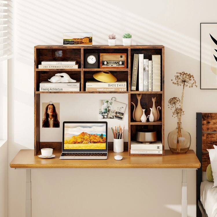 Engineered Wood Desk Hutch with Adjustable Shelves 7 Cubby Desktop Bookshelf Organizer for Home Office - 37" x 10" x 31"