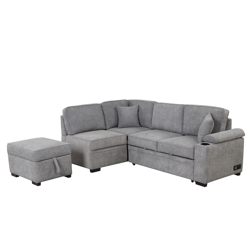 2-in-1 Pull-Out Sofa Bed L-Shaped Sofa with Storage Ottoman and USB