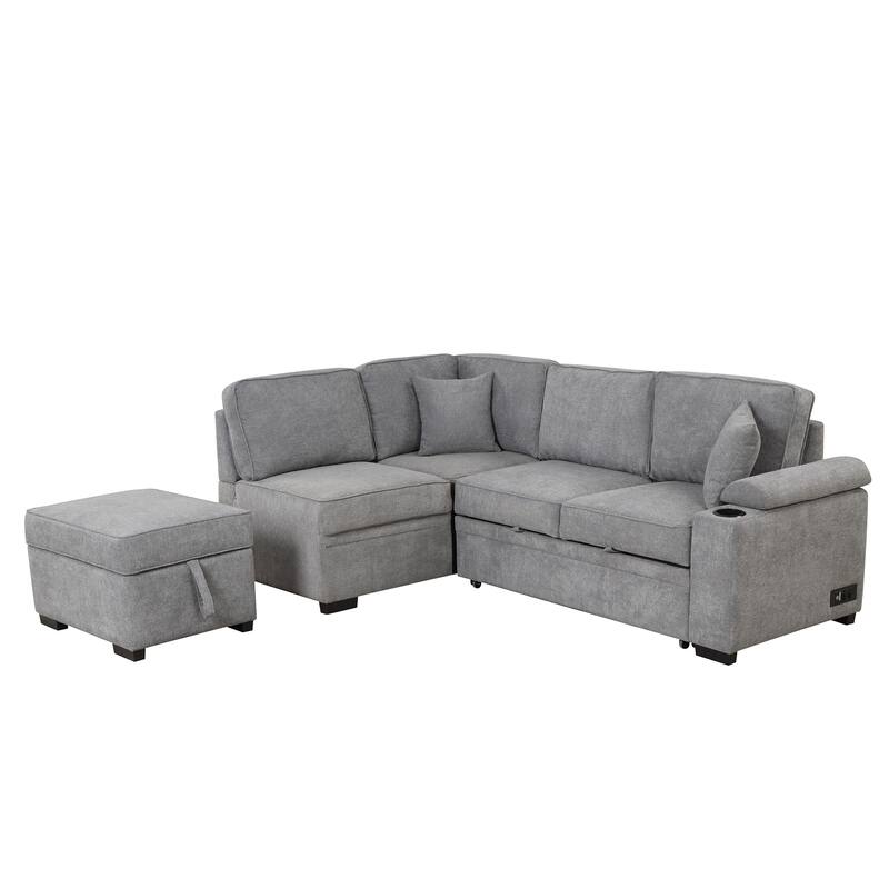 Sleeper Sofa Bed with Storage Ottoman, 2 in 1 Convertible Sectional Sofa Couch, Linen 4-Seater Sofa with Cup Holder