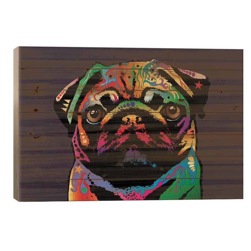 Rainbow Pug On Plum Grey Print On Wood by Michael Tompsett - Multi-Color - 18x26x1.5