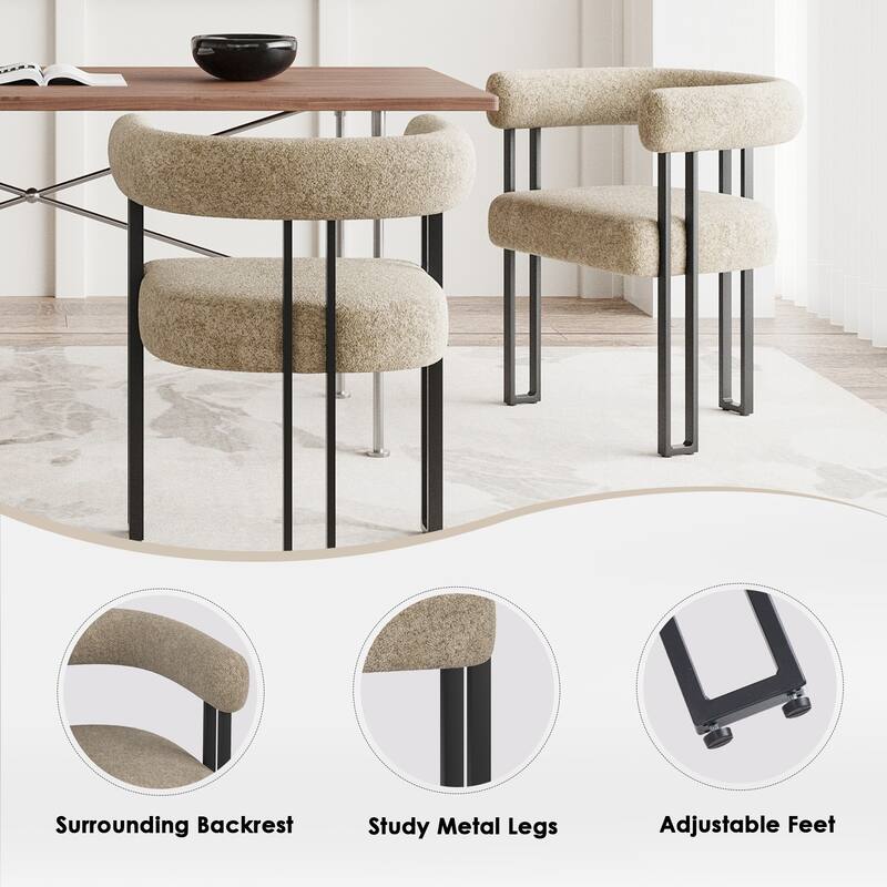 Set of 2 Upholstered Dining Arm Chairs, Bouclé Fabric Accent Chairs with Metal Frame, with Cushioned Seat & Back