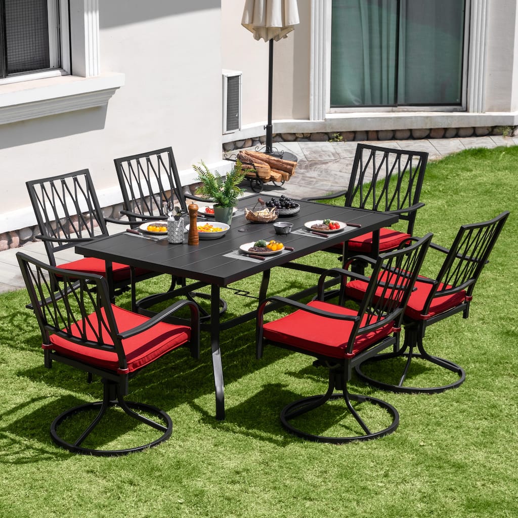 Nuu Garden Outdoor 7-Piece Iron Dining Set with 1.57'' Umbrella Hole, Black