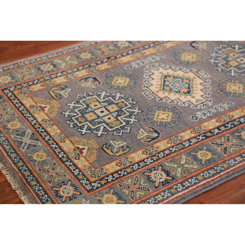 Gray Geometric Kazak Foyer Rug Handmade Wool Carpet - 2'8"x 4'0"