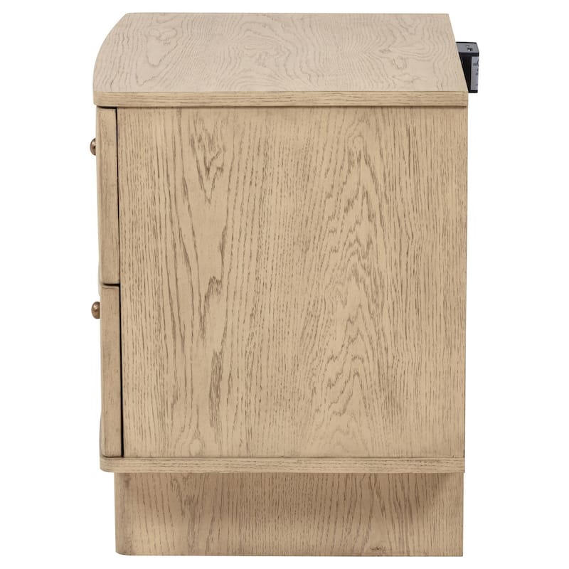Lno Nightstand, 2 Cane Accent Drawers w Brass Knobs, USB, Oak Beige