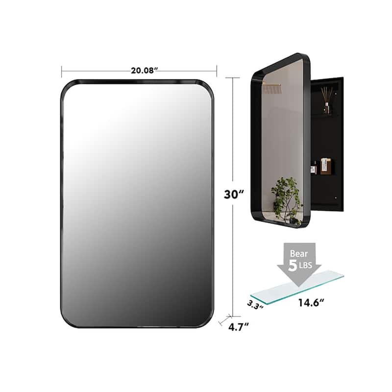 20 in. x 30 in. Recessed Black Metal Framed Medicine Cabinet with Mirror and Adjustable Shelves for Bathroom